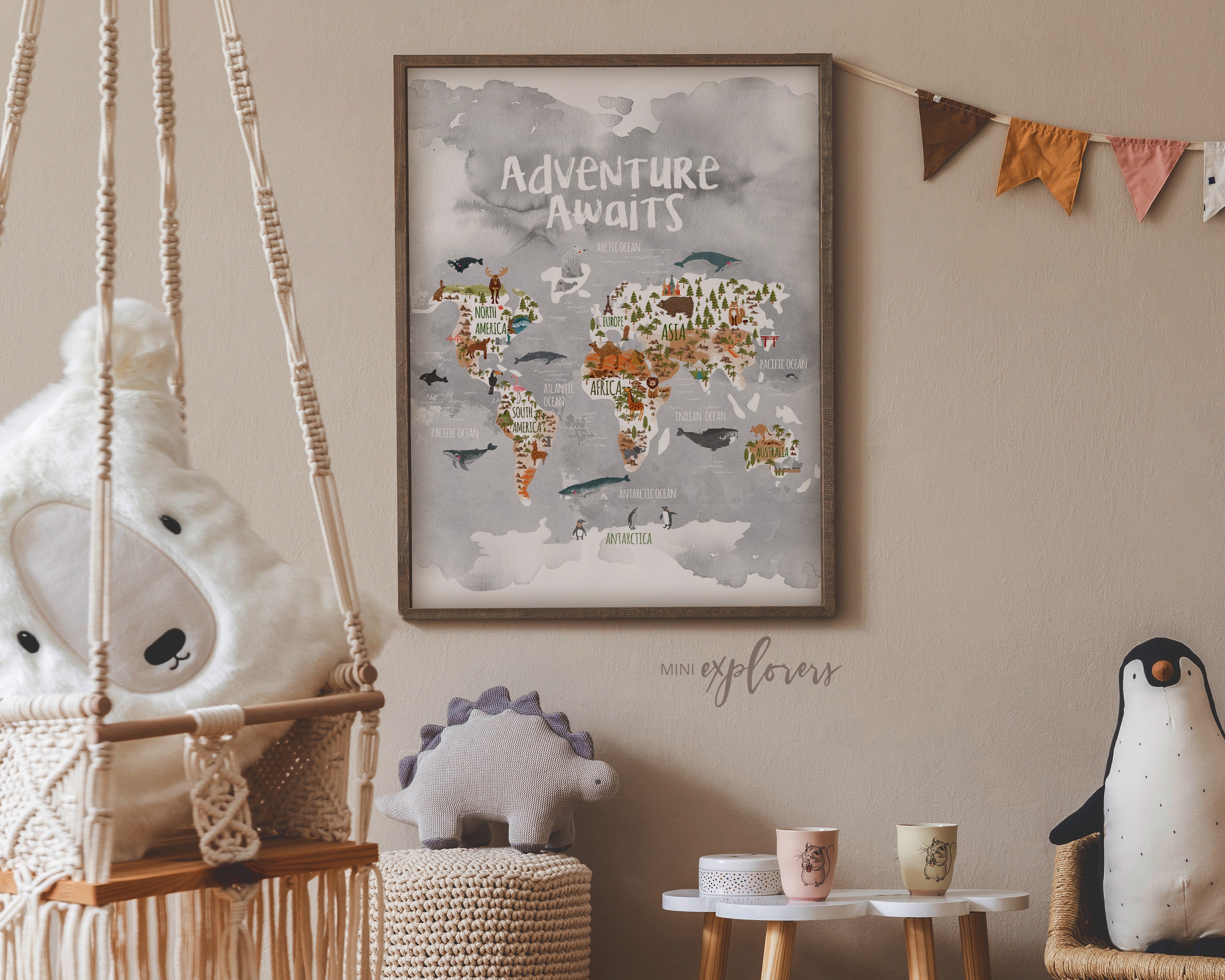 Animal World Map Woodland Nursery Kids World Map Print | Etsy