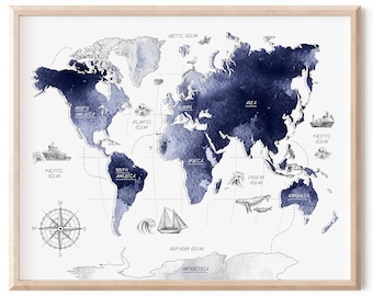Navy blue map for kids, Nautical nursery art, Printable world map, Boys room wall art, Nautical boy gift, Globe poster, Watercolor world map
