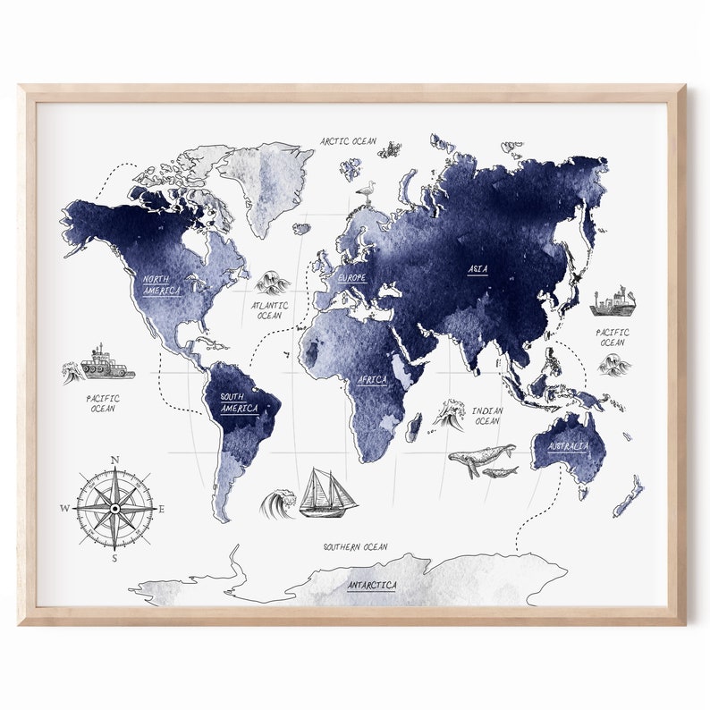 Navy blue map for kids, Nautical nursery art, Printable world map, Boys room wall art, Nautical boy gift, Globe poster, Watercolor world map image 1
