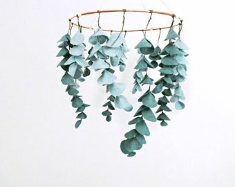 Baby crib mobile, Hanging mobile, Greenery baby shower gift, Woodland mobile nursery,  Faux eucalyptus vertical garden, Expecting mom gift