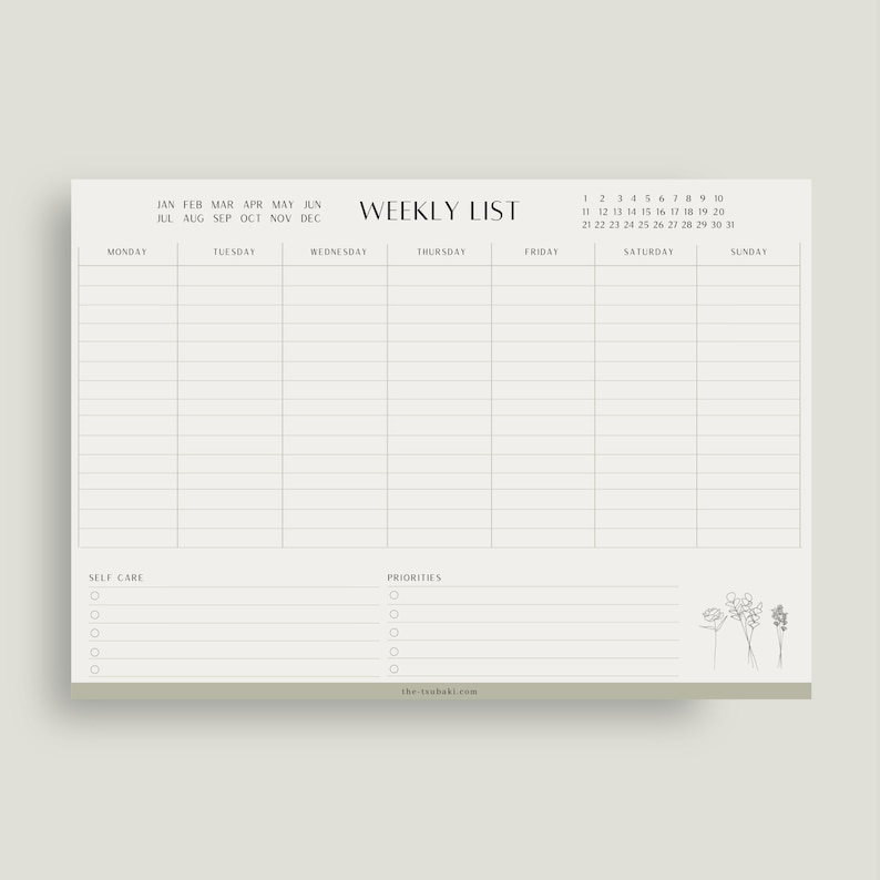 Weekly planner notepad A4 Landscape, Botanical print minimal Office desk accessories, Self-care journal notepad 画像 1