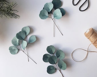 A pair of  felt eucalyptus stems, Silver dollar artificial Eucalyptus wedding favours, Wrapping add on, Minimalist gift wrapping