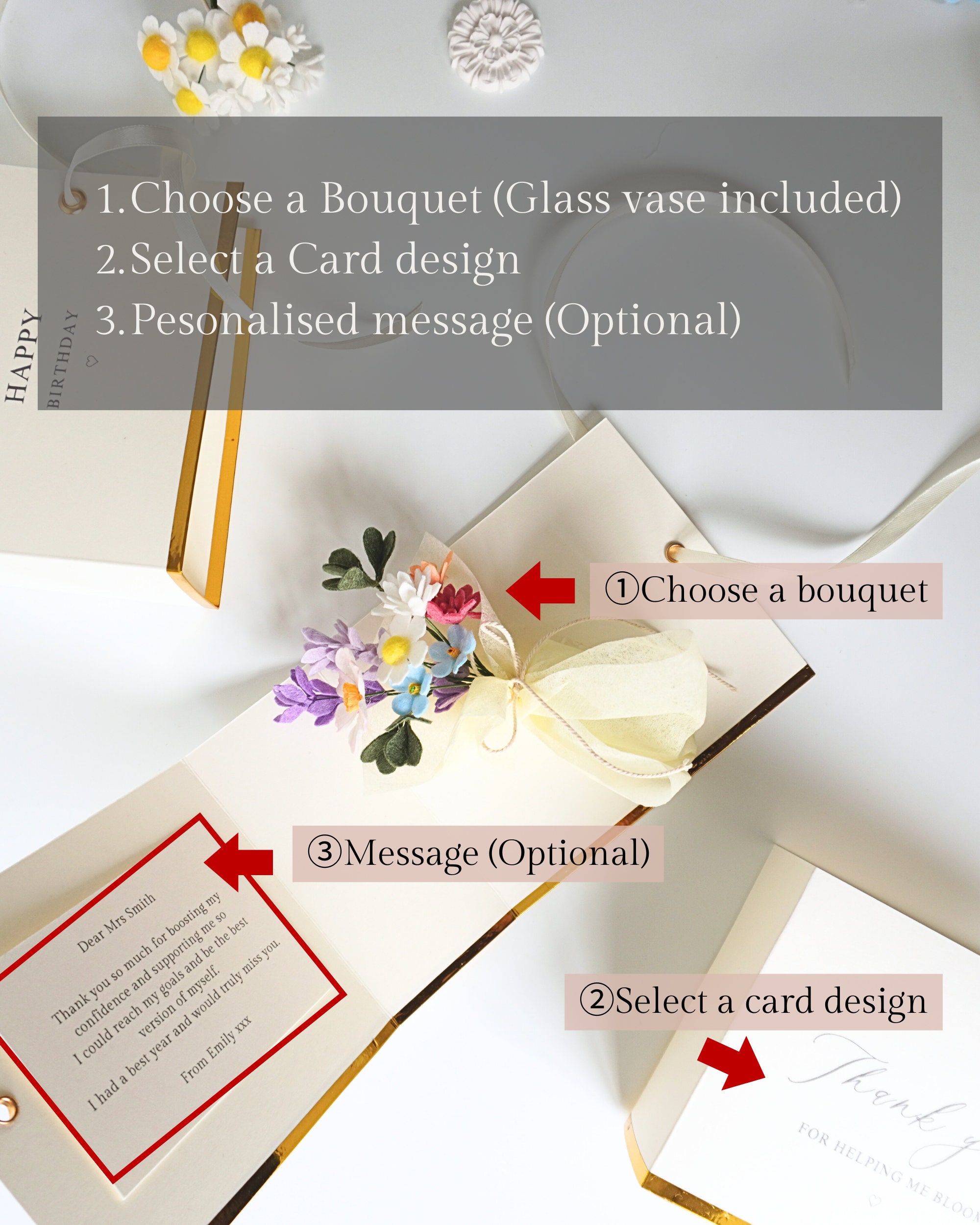 Felt Flower Mini Bouquet, Thank You Gift Set, Glass Vase & Card - Etsy