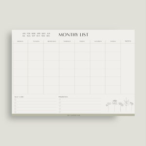 Monthly planner to do list notepad A4 Landscape Monday starts,  Botanical print minimal Office desk accessories