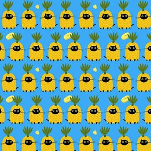 May include: A repeating pattern of yellow pineapples with black cat faces on a bright blue background. The pineapples have green leafy tops and are interspersed with slices of pineapple.