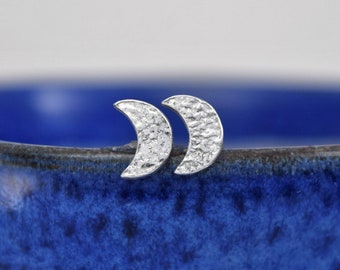 Silver Crescent Moon Studs, Reticulated Celestial Post Earrings, Birthday, Christmas, or Valentine Gift for Wife, Girlfriend, Sister, or Mum