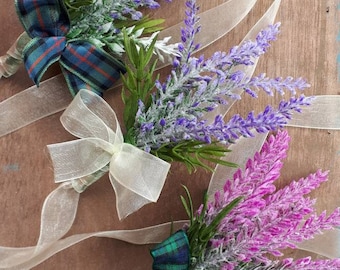 Scottish Heather Wrist Corsage: Tartan or Ribbon Tie, Handmade