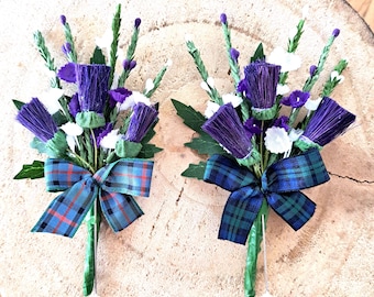 Scottish Thistle Buttonhole with Tartan Ribbon – Faux Flower Wedding Accessory