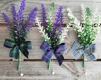 Scottish heather artificial buttonhole/bouttonniere choice of ribbon/twine