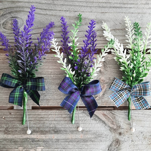 Scottish heather artificial buttonhole/bouttonniere choice of ribbon/twine