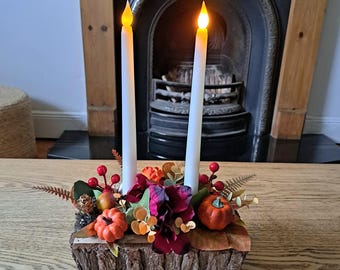 Rustic Autumn floral centerpiece faux flowers in bark container with led candles