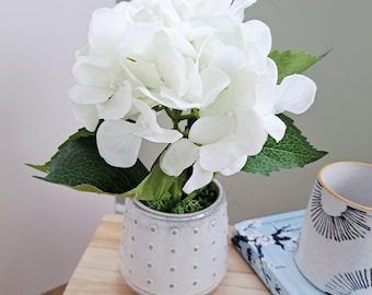 White Hydrangea Plant  – Rustic Farmhouse Centerpiece – Faux Flowers in Ceramic Pot – Home Decor Gift