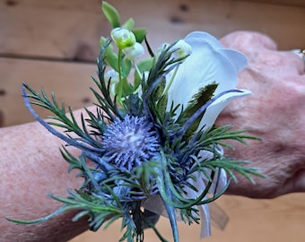 White Rose Blue Thistle Wrist Corsage | Rustic Wedding Floral Accessory