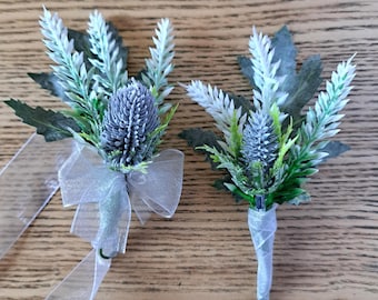 Heather and blue thistle buttonhole or wrist corsage with silver organza ribbon artificial flowers