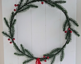 Scandi style Christmas wreath faux foliage berries and red velvet ribbon