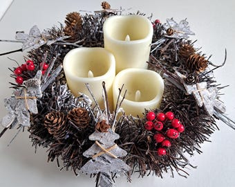Rustic snowy berry and cone Christmas centerpiece - twiggy wreath and led candles