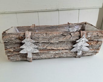 Wooden bark Christmas tree planter - rustic long  box plant pot