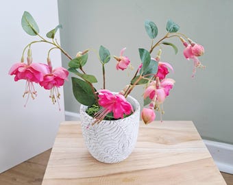 Faux Fuchsia Floral Arrangement – Hanging Flowers in Textured White Pot – Cottagecore Decor