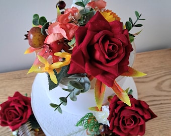 Autumn cake flowers - faux posy arrangement spray cake corsage