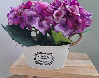 Pinky Purple Hydrangea Floral Arrangement – Rustic Farmhouse Metal Pot Centerpiece