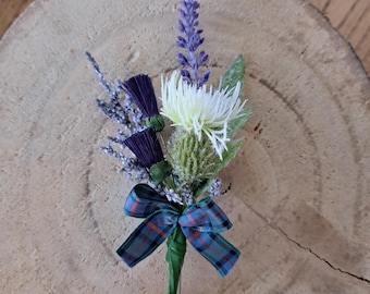 White Thistle Heather Wedding Buttonhole or Wrist Corsage with Tartan Ribbon