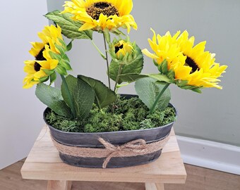 Rustic sunflower arrangement - faux flowers in galvanised tin planter