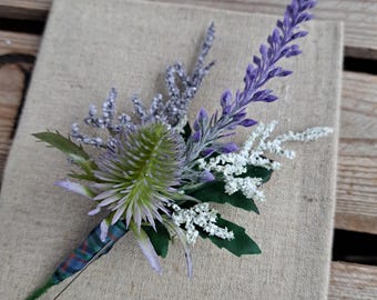 Thistle heather and limonium buttonhole - artificial bouttonniere with Flower of Scotland ribbon