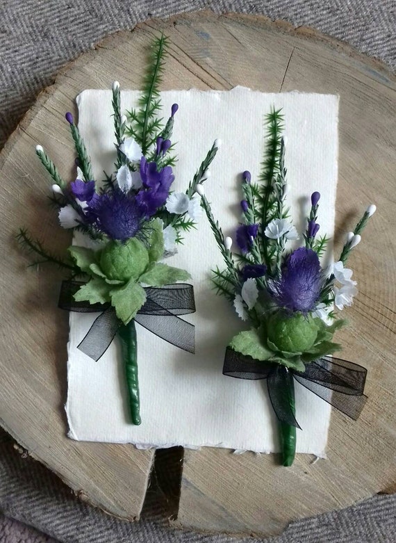 Scottish thistle & heather buttonhole with black organza or Etsy