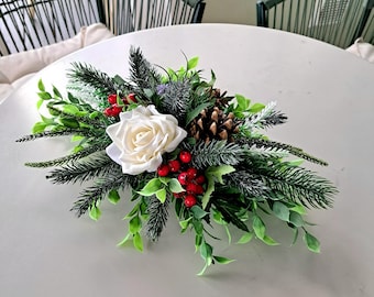 Christmas posy centerpiece roses, thistles, berries, cones - faux flower arrangement