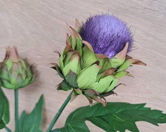 Faux Scottish Thistle Stem – Realistic Purple Spiky Bloom, Long Green Leaves