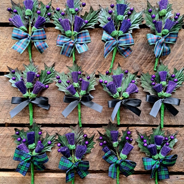 Set of 4 thistle buttonholes with choice of ribbon