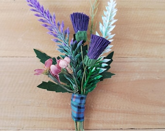 Thistle and heather buttonhole corsage cake spray faux flowers with tartan ribbon