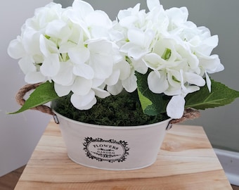 White Hydrangea Floral Arrangement – Rustic Metal Pot Centerpiece, Faux Flowers Home Decor