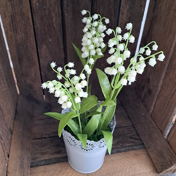 Faux lily of the valley plant tin planter