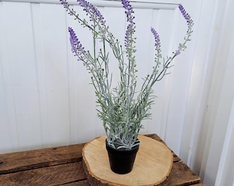 Faux lavender plant in plastic pot