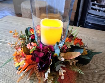 Autumn floral centerpiece faux flowers with glass hurricane tablecentre arrangement