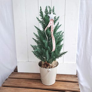 Mini Cypress Christmas Tree in White Bucket: Pinecone Holiday Decor artificial tree