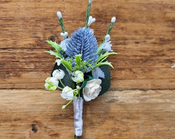 Scottish thistle, heather & gypsophila buttonhole