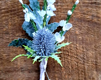 Thistle & heather wedding buttonhole artificial grooms flower