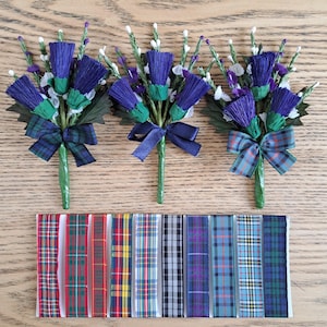 Artificial thistle & heather buttonhole boutonniere with choice of tartan