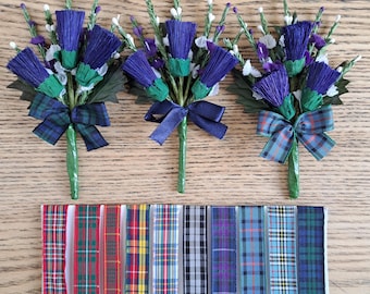 Artificial thistle & heather buttonhole boutonniere with choice of tartan