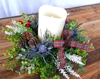 Scottish Thistle Candle Centerpiece: Tartan Bow Winter Table Decor