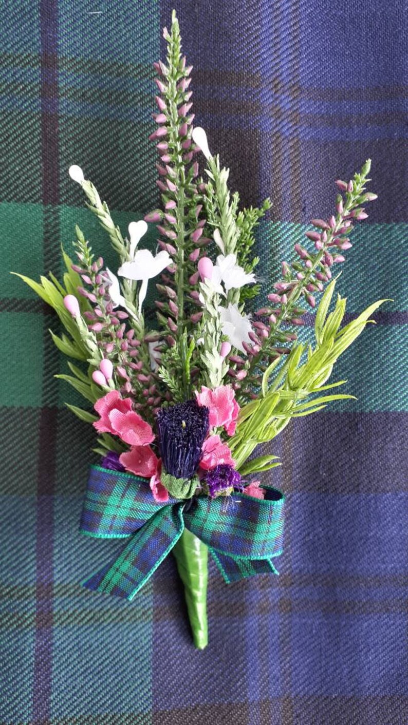 Scottish thistle & heather buttonhole plain or tartan ribbon Etsy