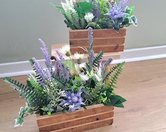 Scottish wildflower wooden planter box - faux thistles and heather centerpiece
