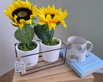 Rustic sunflower duo planter arrangement - faux flowers in framed pot holder