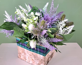 Scottish Rustic Centerpiece: Faux Thistles, Heather, Tartan Bark Container