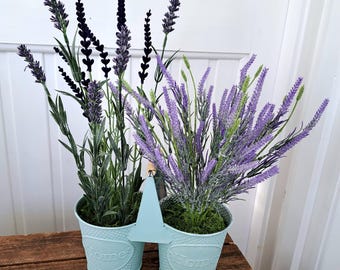 Artificial mixed lavender in rustic duo tin planter