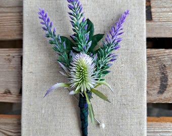 Purple thistle and heather buttonhole - artificial bouttonierre/corsage/groomsmen flower