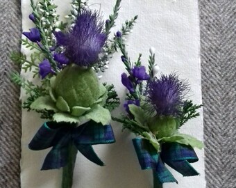 Gents/childs Scottish thistle & heather buttonhole, tartan or twine finish. Handmade in Scotland