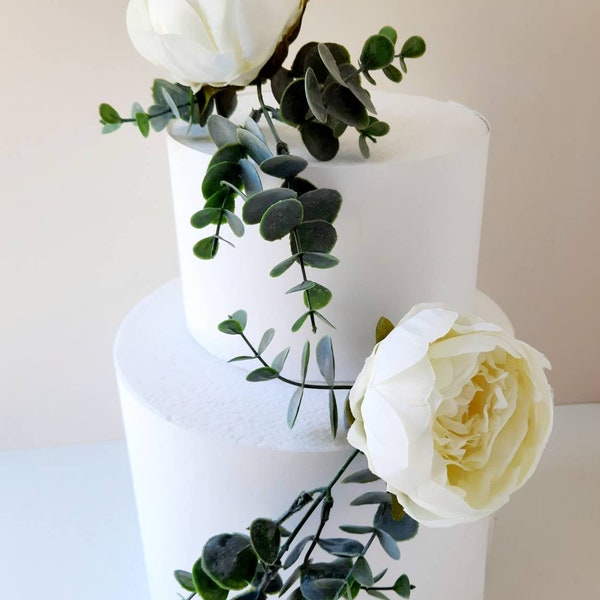 Faux peony and eucalyptus cake spray - ivory peach blush